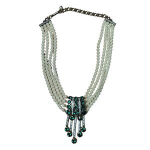 Vintage 1990s Heidi Daus 4 Strand Faux Pearl Necklace with Emerald Crystals